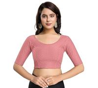 Accessorize Kingdom Women's Dobby Pure Cotton Elastin Stretchable Readymade Round Neck Elbow Length Sleeves Blouse Choli Stylish Saree Blouse (Salmon Pink, 32-36)
