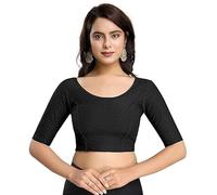 Accessorize Kingdom Women's Dobby Pure Cotton Elastin Stretchable Readymade Round Neck Elbow Length Sleeves Blouse Choli Stylish Saree Blouse (Black, 38-42)