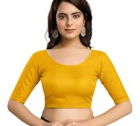 Accessorize Kingdom Women's Dobby Pure Cotton Elastin Stretchable Readymade Round Neck Elbow Length Sleeves Blouse Choli Stylish Saree Blouse (Yellow, 38-42)