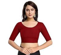 Accessorize Kingdom Women's Dobby Pure Cotton Elastin Stretchable Readymade Round Neck Elbow Length Sleeves Blouse Choli Stylish Saree Blouse (Maroon, 38-42)