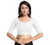 Accessorize Kingdom Women's Dobby Pure Cotton Elastin Stretchable Readymade Round Neck Elbow Length Sleeves Blouse Choli Stylish Saree Blouse (White, 38-42)