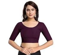 Accessorize Kingdom Women's Dobby Pure Cotton Elastin Stretchable Readymade Round Neck Elbow Length Sleeves Blouse Choli Stylish Saree Blouse (Purple, 32-36)