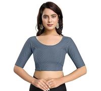 Accessorize Kingdom Women's Dobby Pure Cotton Elastin Stretchable Readymade Round Neck Elbow Length Sleeves Blouse Choli Stylish Saree Blouse (Grey, XXL)