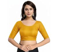 Accessorize Kingdom Women's Dobby Pure Cotton Elastin Stretchable Readymade Round Neck Elbow Length Sleeves Blouse Choli Stylish Saree Blouse (Mustard, 38-42)