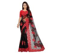 Accessorize Kingdom Women's Embroidered Work Net Fabric Saree With Unstitch Blouse Piece (Black-Red, Free Size)