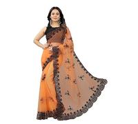Accessorize Kingdom Women's Embroidered Work Net Fabric Saree With Unstitch Blouse Piece (Orange, Free Size)