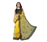 Accessorize Kingdom Women's Embroidered Work Net Fabric Saree With Unstitch Blouse Piece (Yellow-Black, Free Size)