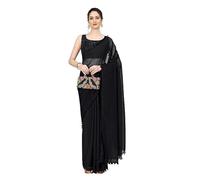 Accessorize Kingdom Women's Georgette Pom-Pom Lace Boardered Saree With Unstitched Blouse Piece (Black 1, Free Size)