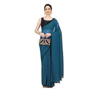 Accessorize Kingdom Women's Georgette Pom-Pom Lace Boardered Saree With Unstitched Blouse Piece (Rama, Free Size)