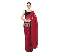 Accessorize Kingdom Women's Georgette Pom-Pom Lace Boardered Saree With Unstitched Blouse Piece (Red, Free Size)