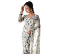 Accessorize Kingdom Women's Georgette Printed Ready To Wear one Minute Saree With Unstitched Blouse Piece (Black Leaf_Free Size)