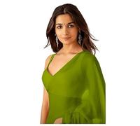Accessorize Kingdom Women's Plain Pure Georgette Saree With Unstitched Blouse Piece (Rocky Aur Rani Ki Prem Kahani Alia Bhatt Saree) (Mehendi)