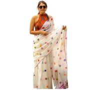 Accessorize Kingdom Women's Polka Dot Printed Linen Cotton Saree With Unstitched Blouse Piece (White, Free Size)