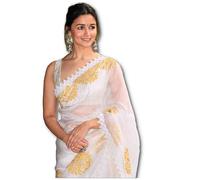 Accessorize Kingdom Women's Printed Pure Georgette Saree With Unstitched Blouse Piece (Rocky Aur Rani Ki Prem Kahani Saree) (White, Free Size)