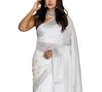 Accessorize Kingdom Women's Pure Soft Cotton Silk Saree Kanjivaram Style With Blouse Piece for Wedding,Ideal for Weddings, Festive Events. (White)