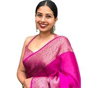 Accessorize Kingdom Women's Soft Pure Kanjivaram Silk Saree For Wedding Banarasi Cotton Sari With Blouse Piece (Yatri-51) (Rani, Free Size)