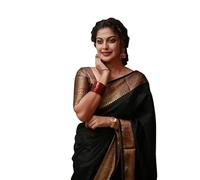 Accessorize Kingdom Women's Soft Pure Kanjivaram Silk Saree For Wedding Banarasi Cotton Sari With Blouse Piece (Yatri-51) (Black, Free Size)