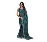 Accessorize Kingdom Women's Zimmy Choo Women's Soft Silk Saree with Swarovski Crystal Embellishments, Lightweight Traditional Indian Ethnic Wear with Unstitched Blouse Piece (Green, Free Size)