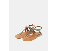 ACCESSORIZE Leather Floral Beaded Toe Thong Sandals Brown Mix