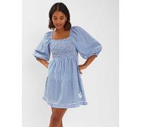 ACCESSORIZE Pure Cotton Gingham Square Neck Mini Dress Blue