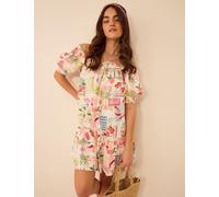 ACCESSORIZE Pure Cotton Printed Bardot Mini Beach Dress Multi