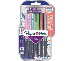Accessotech 6 Pack Paper Mate Flair Metallic Felt Tip Pens Multicoloured Glitter Ink Quick Dry 1.0mm Medium Tip