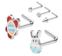 AccGin Easter Nose Studs Nostril Rings, Rabbit Pattern Stainless Steel Nose Rings l Shaped Nostril Stud, Corkscrew Nose Piercings Jewelry in Cute Easter Eggs Bunny 20G