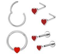 AccGin Poker Nose Rings Hoop and Nose Studs Sets Piercings Jewelry for Women Men Surgical Steel Hypoallergenic 16G Mustache Septum Ring Flat Back Nose Stud Earrings Helix Cartilage 6Pcs, 16 Gauge