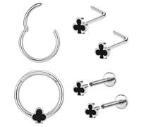 AccGin Poker Nose Rings Hoop and Nose Studs Sets Piercings Jewelry for Women Men Surgical Steel Hypoallergenic 16G Mustache Septum Ring Flat Back Nose Stud Earrings Helix Cartilage 6Pcs, 16 Gauge