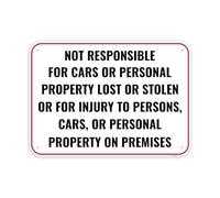Accident Liability Aluminum Sign, No Responsibility For Injuries, 12x8 Inch