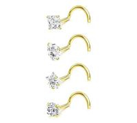 Accirrch 4Pcs 18G Gold Nose Rings Studs Set for Women Men 316L Surgical Stainless Steel Nose Studs Hypoallergenic Corkscrew Nose Piercing Jewelry with Clear Cubic Zirconia Small Stud 3mm