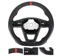 Acclcors Full Leather Steering Wheel Anti-slip Perforated Leather Grip Breathable D-shaped Flat Bottom Steering Wheel with Red Stitched, Fit for SEAT Cupra Leon MK3 2015-2020