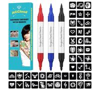ACCloud Temporary Tattoo Markers for Skin Paint Pens Kit, 3 Body Markers+ 63 Tattoo Stencils Kit, Flexible Brush Tip, Skin Safe for Art Projects, Drawing, Acrylic painting ink