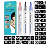 ACCloud Temporary Tattoo Markers for Skin Paint Pens Kit, 3 Body Markers+ 63 Tattoo Stencils Kit, Flexible Brush Tip, Skin Safe for Art Projects, Drawing for Coloring, Christmas Greeting Cards