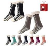 Accordinglye/Toselfwith Ultra-Thick Cashmere Slipper Home Socks, Winter Warm Non Slip Cozy Fuzzy SlipperSocks, Cashmere Socks for Women, for Christmas (Black+Gray)