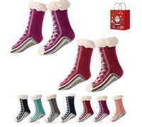 Accordinglye/Toselfwith Ultra-Thick Cashmere Slipper Home Socks, Winter Warm Non Slip Cozy Fuzzy SlipperSocks, Cashmere Socks for Women, for Christmas (Purple+Red)