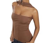 ACCPUR Ruched Strapless Halter Tube Top for Women Sexy Open Back Slim Fit Bandeau Shirt Sleeveless Off Shoulder Tank Clubwear, Brown, S