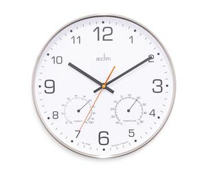 Acctim Komfort Wall Clock Non-Ticking Sweep Metal Case Thermometer Hygrometer Display Brushed Steel 30cm in Metallic Silver Acctim Metallic Silver