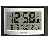 Acctim Stratus radio controlled digital wall and desk clock with LCD display showing date day and temperature, battery powered kitchen or office clock with tabletop or wall mounting in black