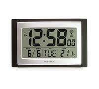 Acctim Stratus radio controlled digital wall and desk clock with LCD display showing date day and temperature, battery powered kitchen or office clock with tabletop or wall mounting in black