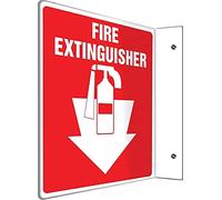 Accuform PSP113 Projection Sign 3D, Legend"FIRE Extinguisher (Arrow)", 6" x 5" Panel, 0.10" Thick High-Impact Plastic, Pre-Drilled Mounting Holes, White on Red