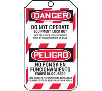 Accuform Signs TSP105CTP Spanish Bilingual Lockout Tag, Legend "DANGER DO NOT OPERATE EQUIPMENT LOCK OUT/ PELIGRO NO PONGA EN FUNCIONAMIENTO EQUIPO BLOQUEADO", 5.75" Length x 3.25" Width x 0.010" Thickness, PF-Cardstock, Red/ Black on White (Pack of 25)