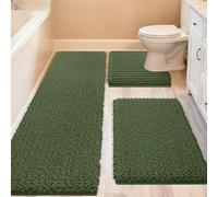 ACCUMTEK Upgrade Extra Large Oliver Green Bathroom Rug Set 3 Pieces Ultra Soft, Thick Absorbent Bath Mats, Non Slip Chenille Toilet Mat for Bathroom, Bedroom, Kitchen
