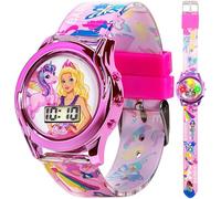 Accutime Mattel Barbie Kids Digital LCD Watch with Curved Bezel, Flashing Dial Lights and Printed Pink Strap Featuring Barbie and Unicorn Graphics Ages 4+ Fits Wrists 5.5"-8"