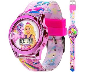 Accutime Mattel Barbie Kids Digital LCD Watch with Curved Bezel, Flashing Dial Lights and Printed Pink Strap Featuring Barbie and Unicorn Graphics Ages 4+ Fits Wrists 5.5"-8"