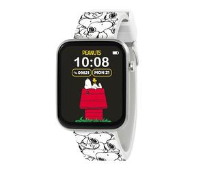 Accutime Peanuts Snoopy White Printed Strap Interactive Smart Watch for Snoopy Fans with Multiple Dials, Messages, Step Counter, Alarm, Activity Tracking