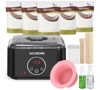 Accwork Waxing Kit for Hair Removal, Digital Wax Warmer with 5 x 100g Hard Wax Beads, 2 Wax Pots, 10 Collars, 20 Spatulas, 10 Nose Sticks, 6 Moustache Guards, Pre & After Wax Oil