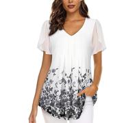 ACDAY Summer Tops for Women UK Short Sleeve Tunic Blouse for Women Chiffon Blouses Floaty Shirt Womens Chic Shirt for Girls Elegant Floral Tops Flowy Pleated Front Party Tunics Black Coffee