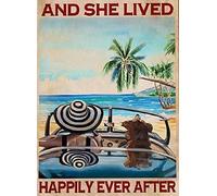 ACDOET Beach Aluminum Sign She Lived Happily Ever After Girl And Dog Summer Rustic Decor Vintage Sign Home Kitchen Bar Cafe Club Cave Wall Decor Metal Sign 8x12 Inch