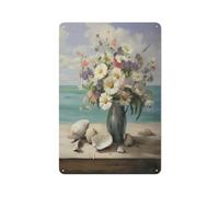 ACDOET Rustic Metal Tin Sign Bathroom Wall Art Flowers Theme Beach Modern Wall Decor Daisy Painting Pictures Artwork For Bedroom Watercolor Ocean Wall Decor, Teal And White, 8x12 Inch